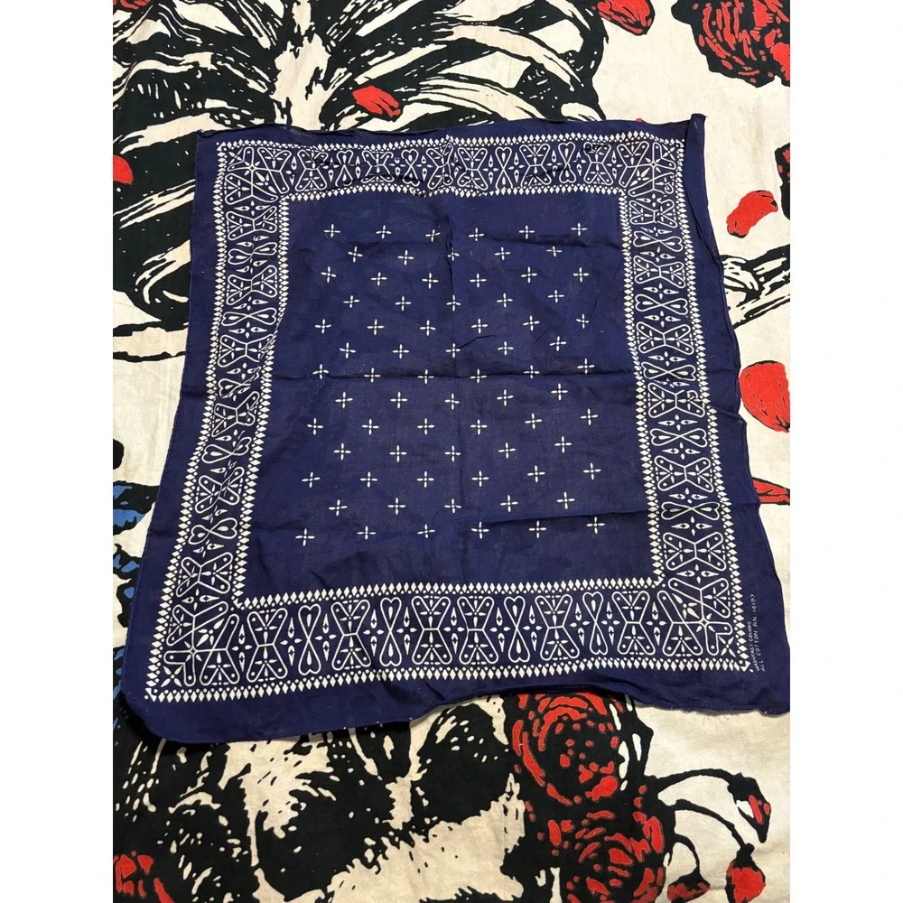 Vintage Navy Blue Cotton Bandana RN 14193 Geometric Cross Pattern Neckerchief